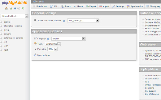 Главный экран phpMyAdmin Главный экран phpMyAdmin